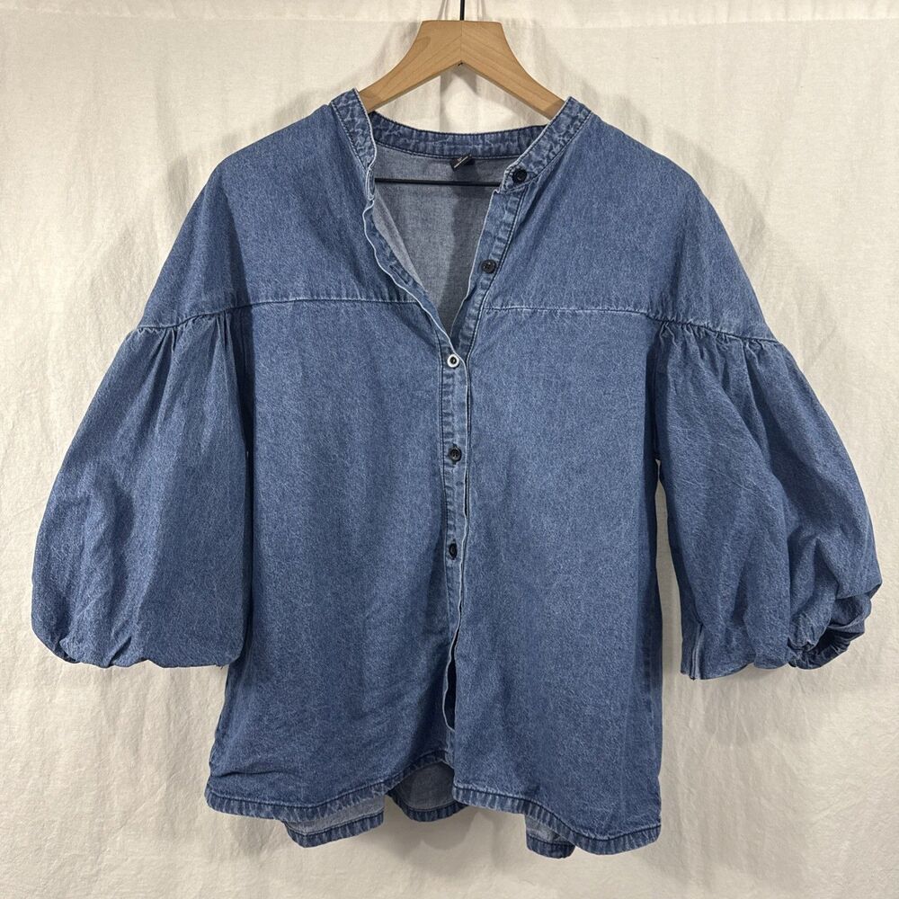 Friful Denim Chambray Puff 3/4 Sleeve Western Country Feminine Top Womens Sz XL